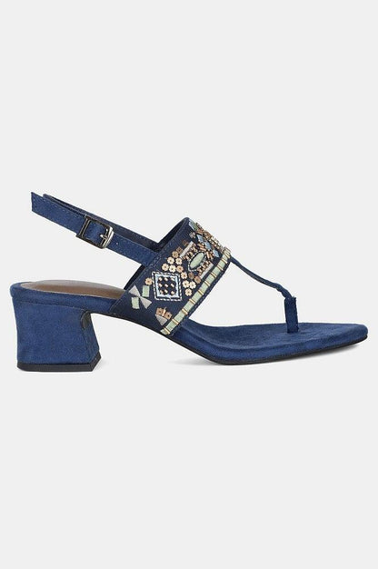 Navy Almond Toe Embroidered Block Heel - WSOFIA - wforwoman