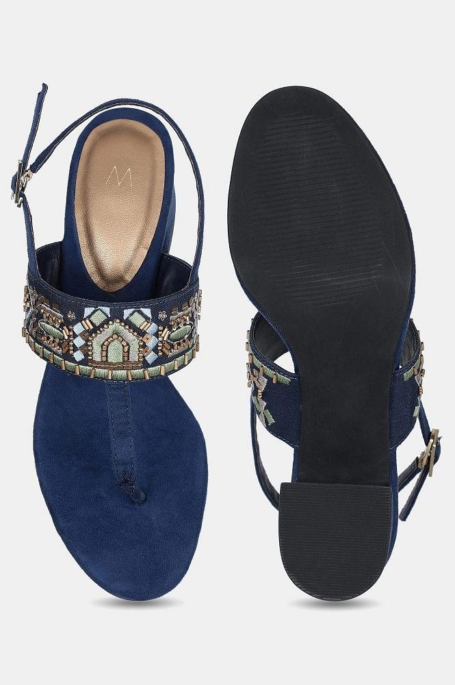 Navy Almond Toe Embroidered Block Heel - WSOFIA - wforwoman