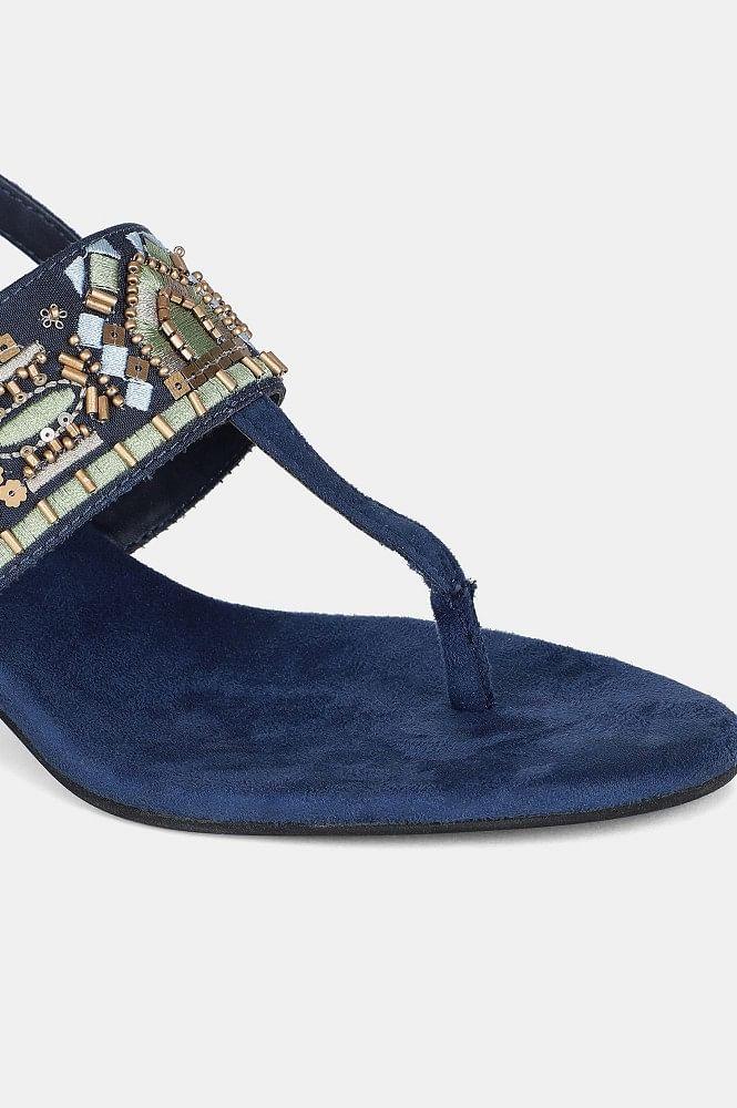 Navy Almond Toe Embroidered Block Heel - WSOFIA - wforwoman