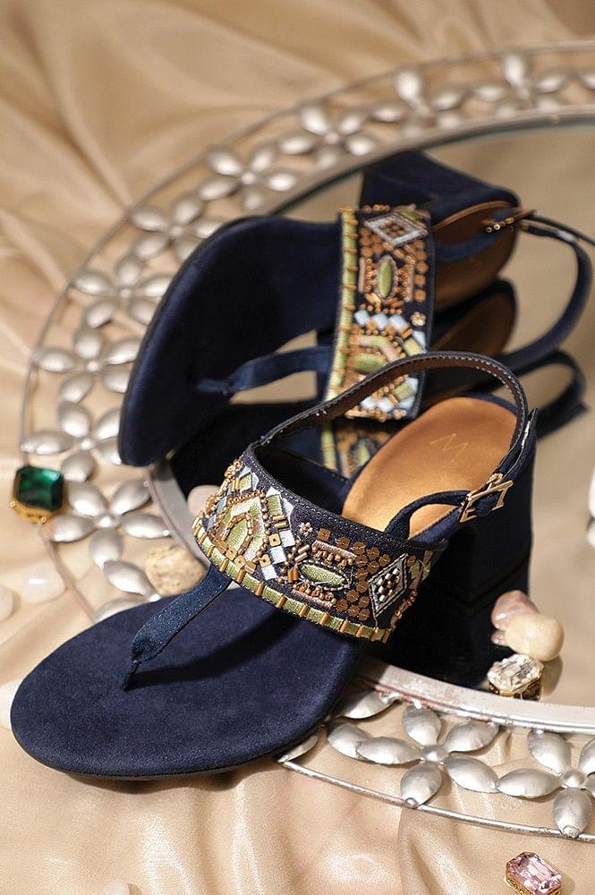 Navy Almond Toe Embroidered Block Heel - WSOFIA - wforwoman