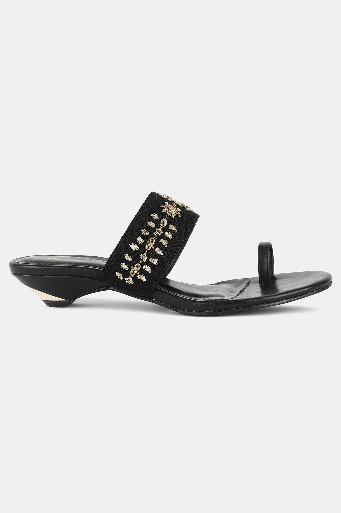 Black Almond Toe Embroidery Kitten Heel-Wmolly - wforwoman