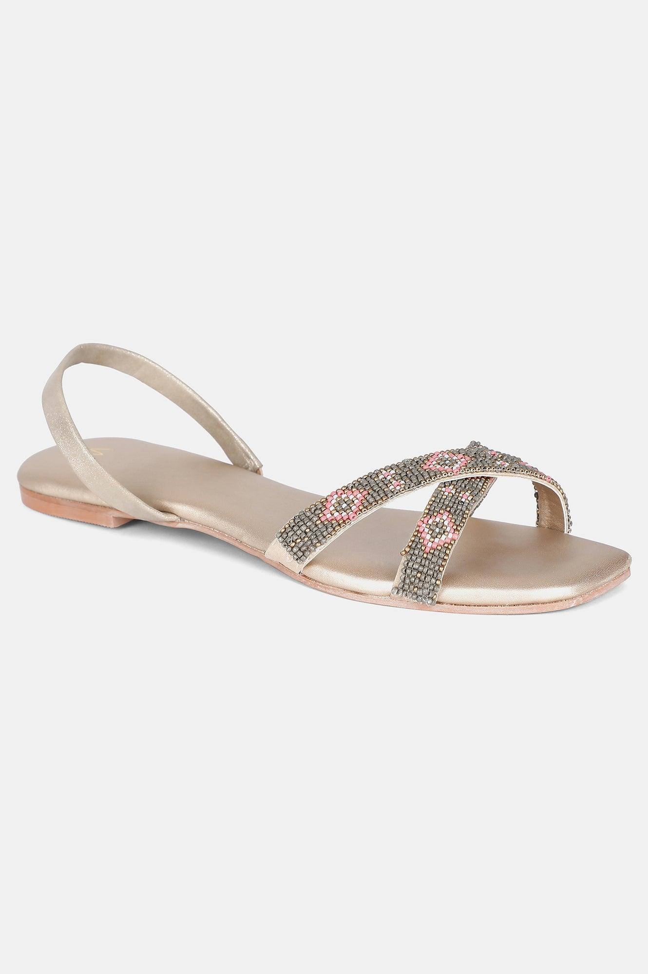 Dusty Gold Square Toe Embroidered Flat - WMEGAN - wforwoman