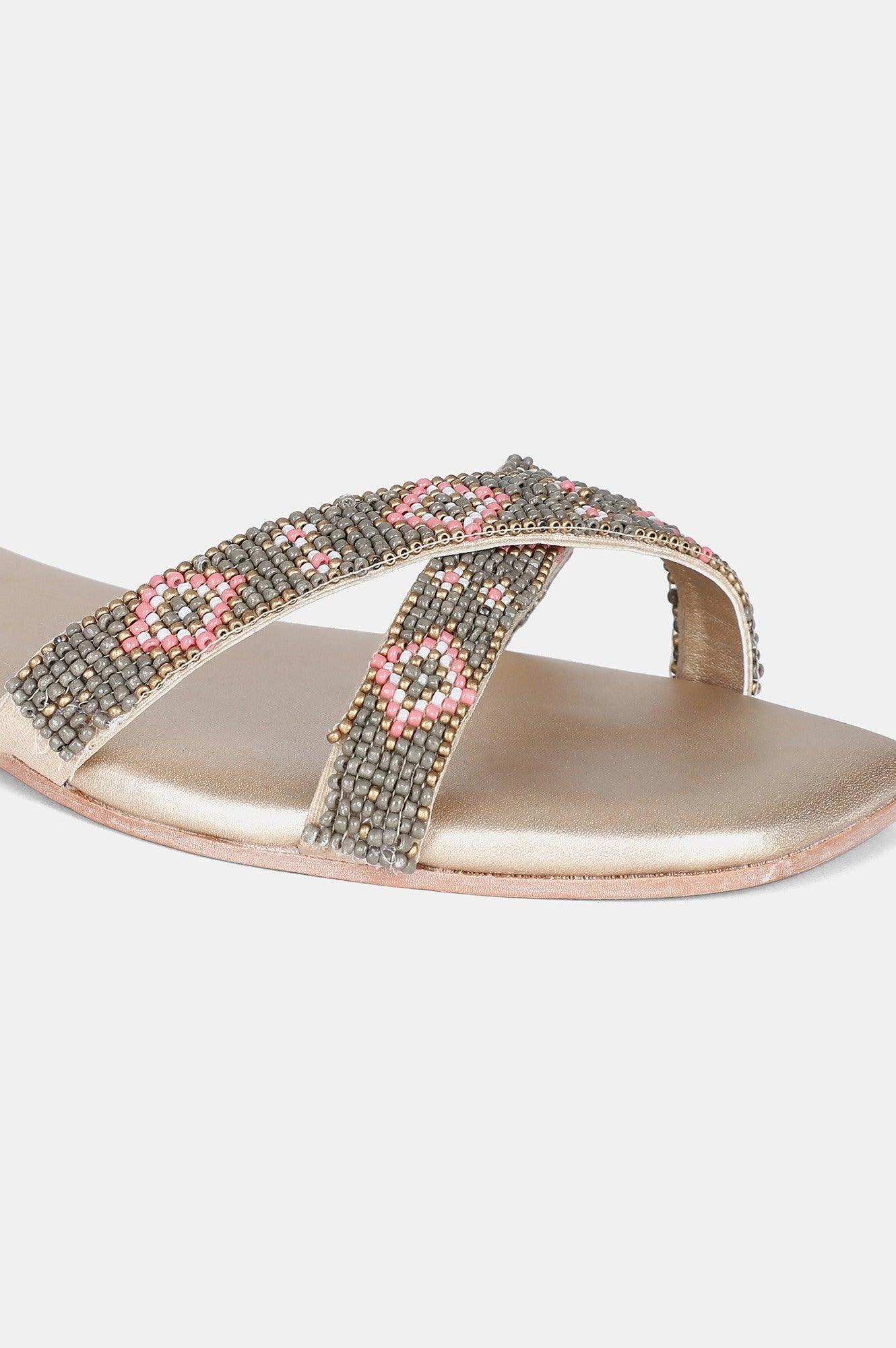 Dusty Gold Square Toe Embroidered Flat - WMEGAN - wforwoman