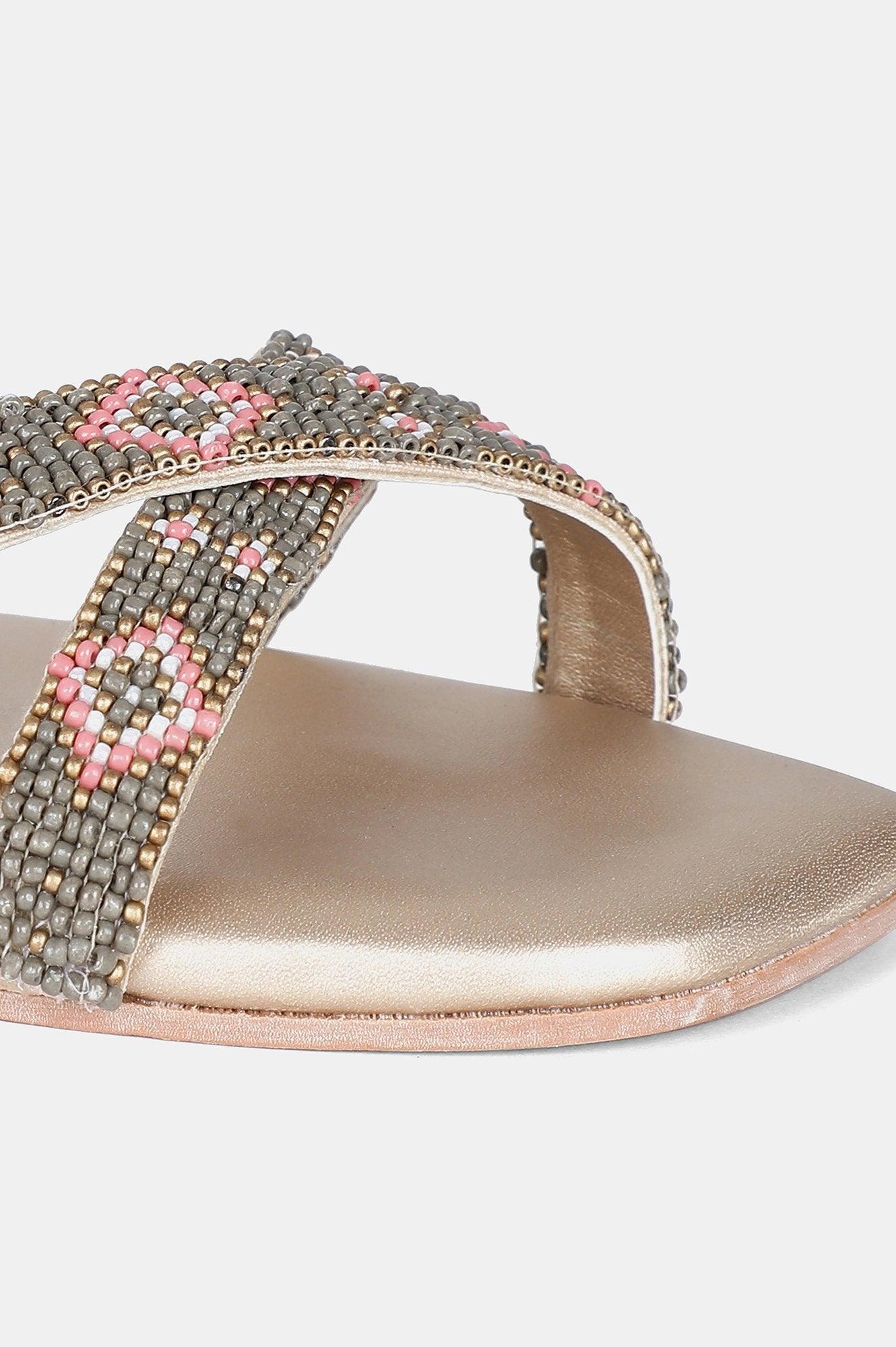 Dusty Gold Square Toe Embroidered Flat - WMEGAN - wforwoman