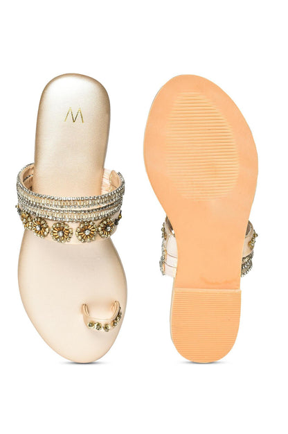 W Gold Embroidered Almond Toe Flat - wforwoman