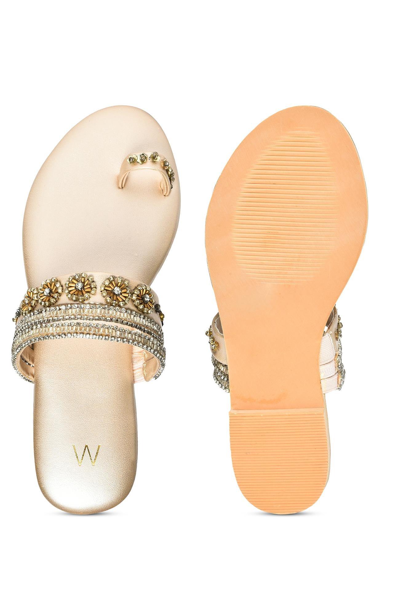 W Gold Embroidered Almond Toe Flat - wforwoman