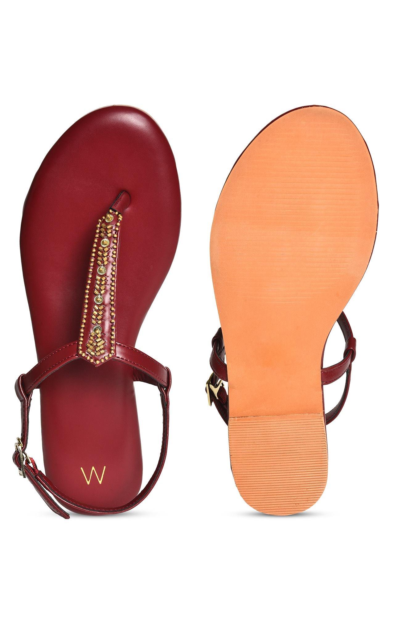 W Red Embroidered Almond Toe Flat-Wdelilah - wforwoman