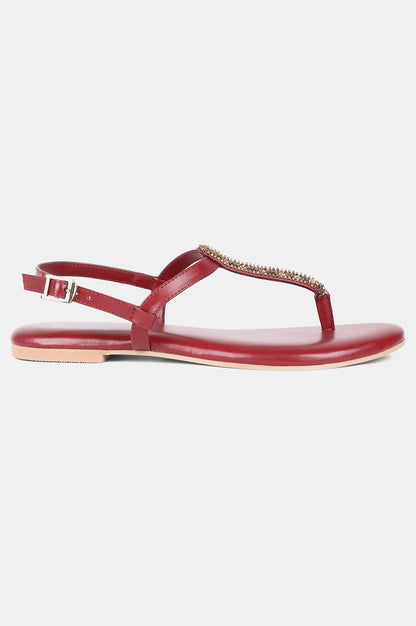 Red Embroidered Almond Toe Flat-Wdelilah