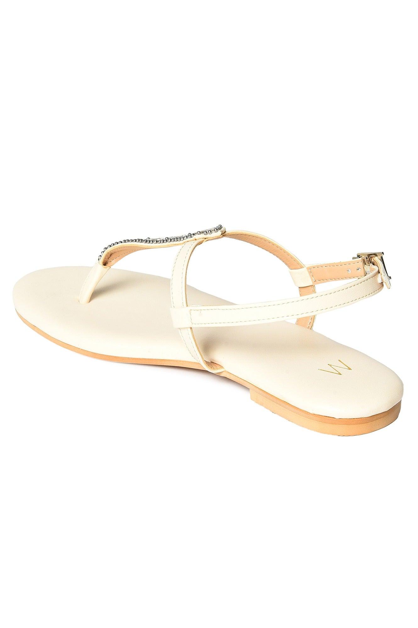 W Off White Embroidered Round Toe Flat - wforwoman
