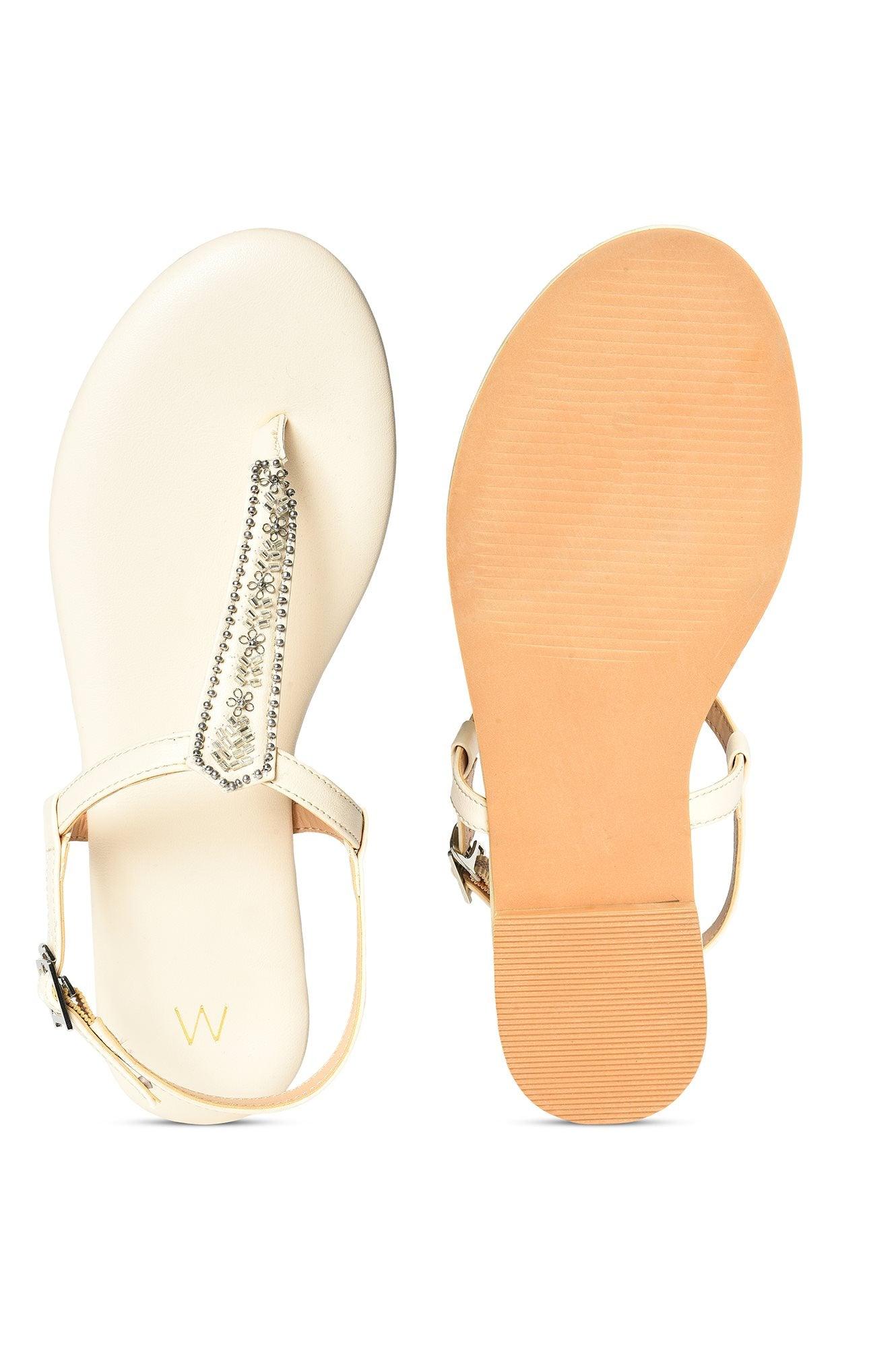 W Off White Embroidered Round Toe Flat - wforwoman