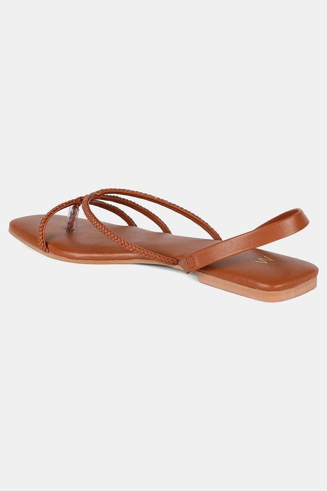 Tan Square Toe Woven Design Flat - Wlydia - wforwoman