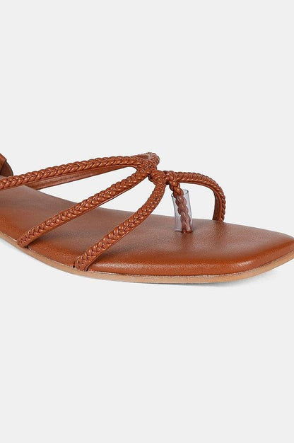 Tan Square Toe Woven Design Flat - Wlydia - wforwoman