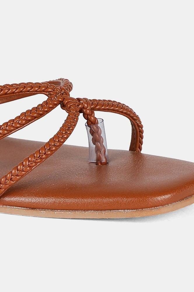 Tan Square Toe Woven Design Flat - Wlydia - wforwoman