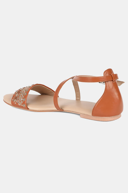 Light Tan Round Toe Embroidery Flat-WMadeline