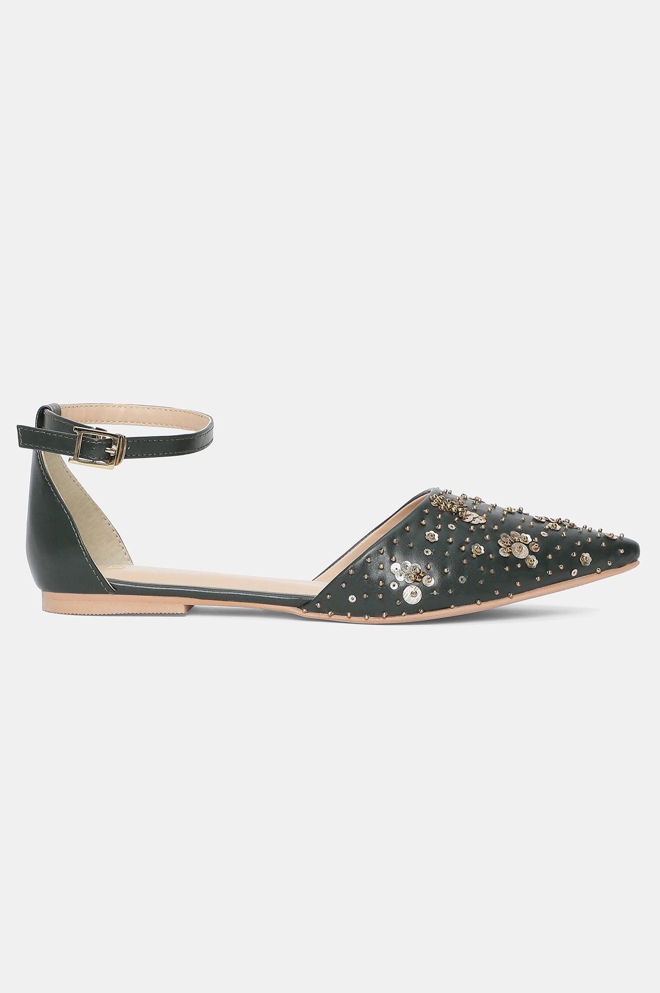 Jade Green Pointed Toe Embroidery Flat-Wmargaret - wforwoman