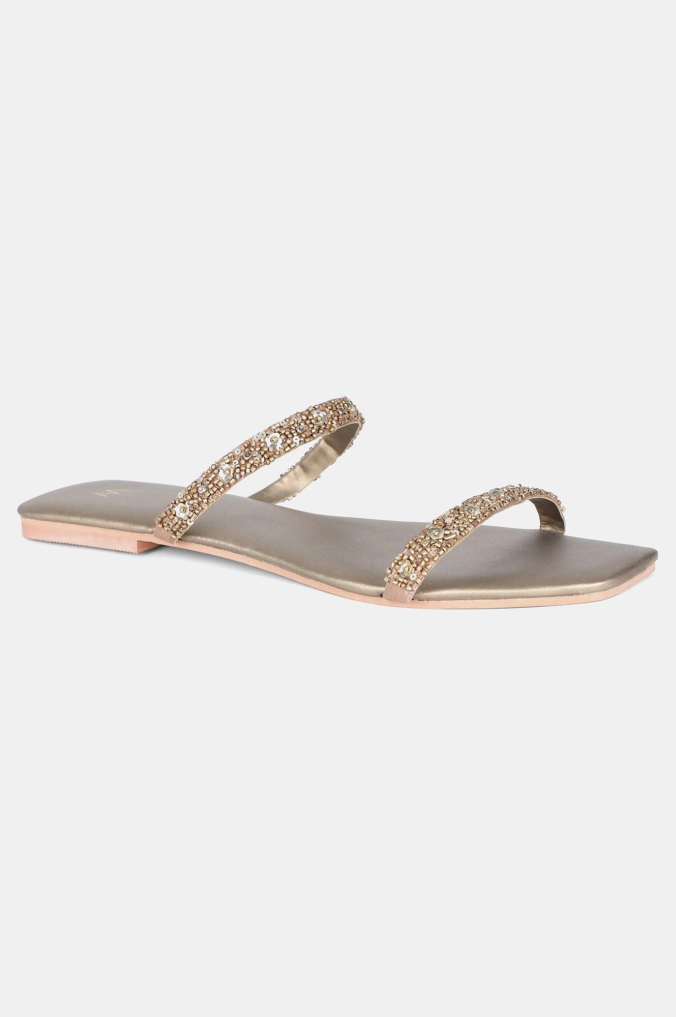 Gold Square Toe Embroidered Flat - WTERESA - wforwoman