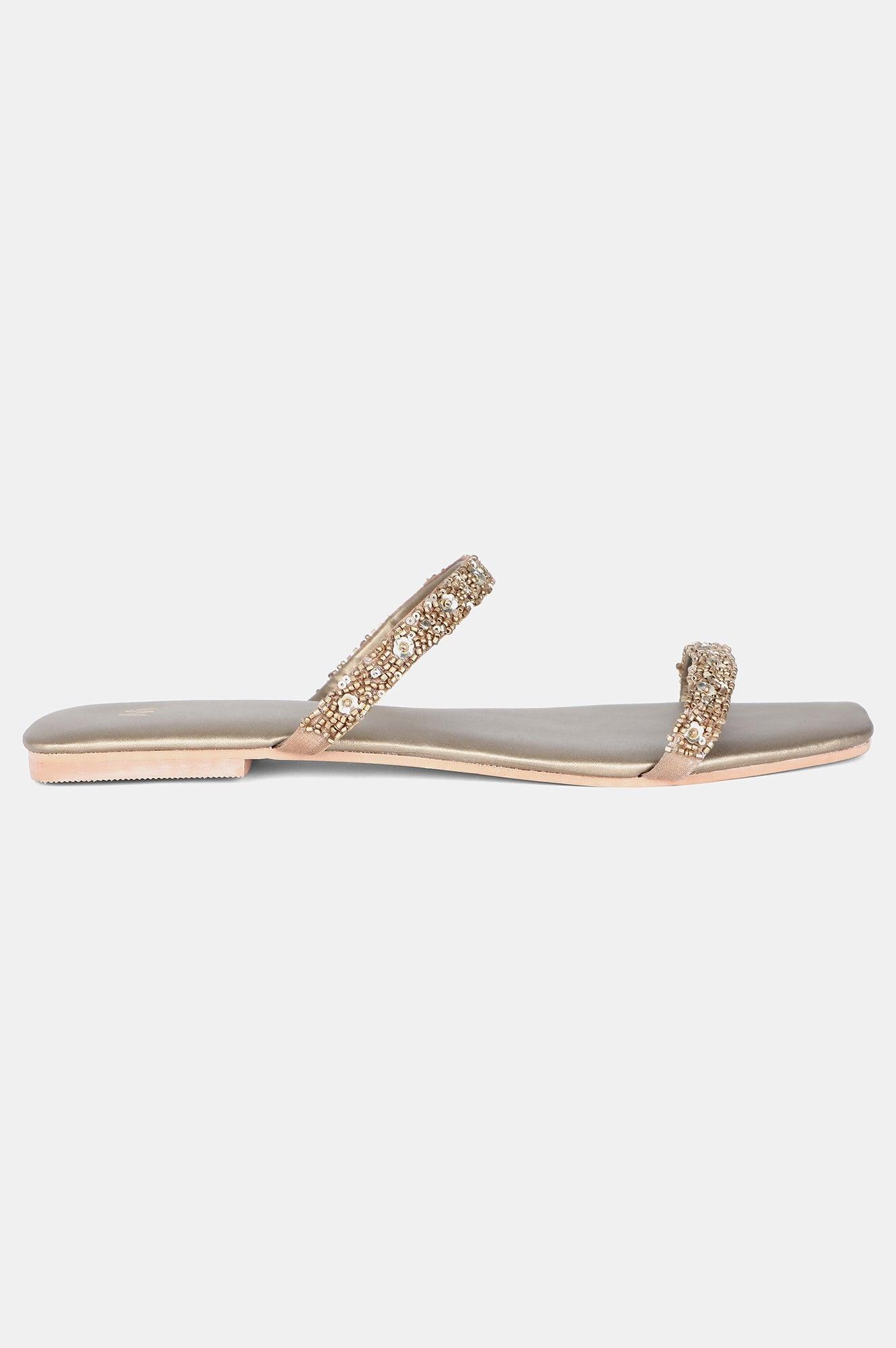 Gold Square Toe Embroidered Flat - WTERESA - wforwoman