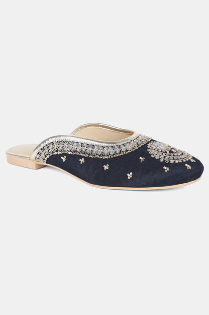 Navy Round Toe Embroidered Flat - Wsusan - wforwoman