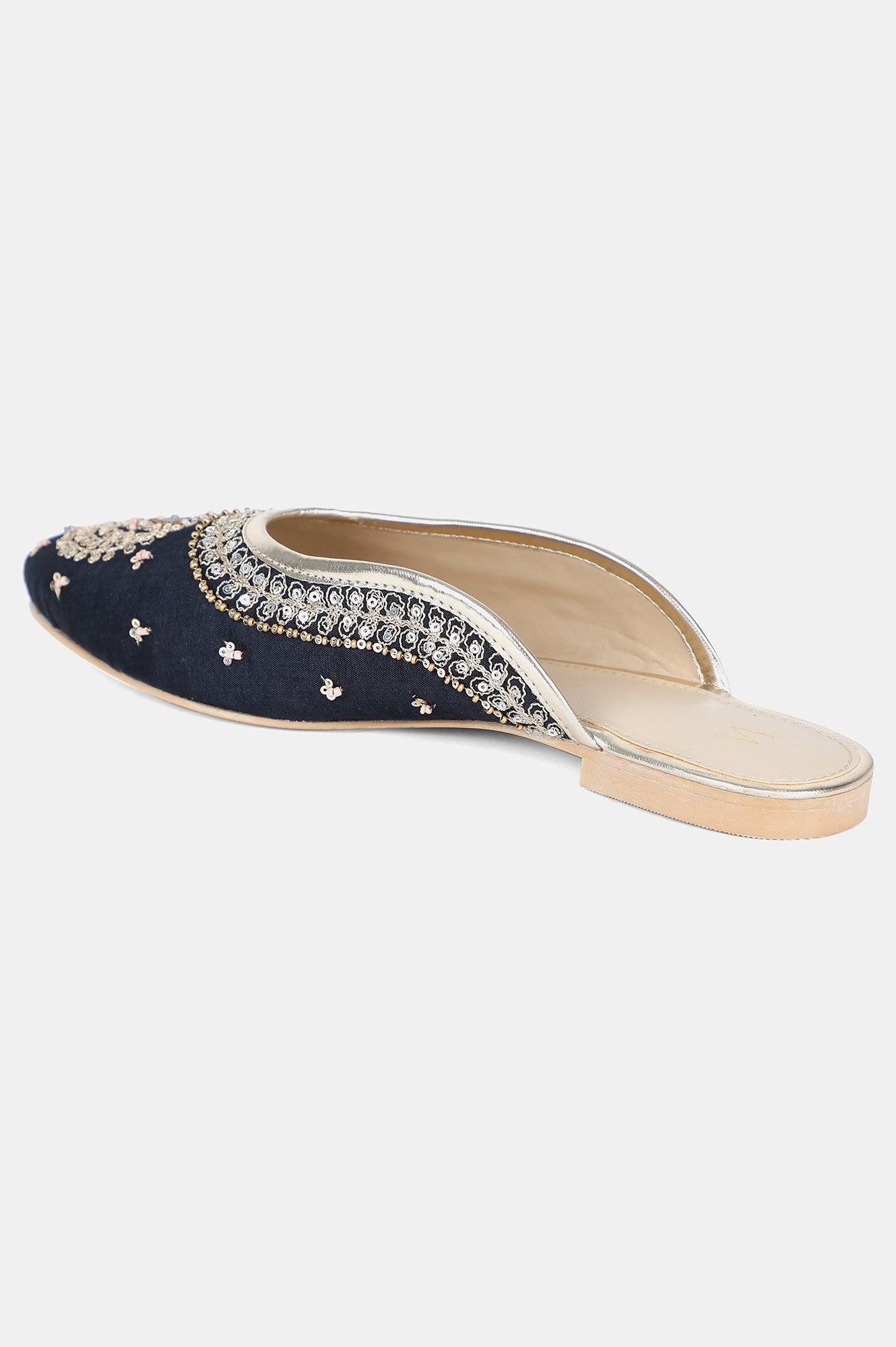 Navy Round Toe Embroidered Flat - Wsusan - wforwoman