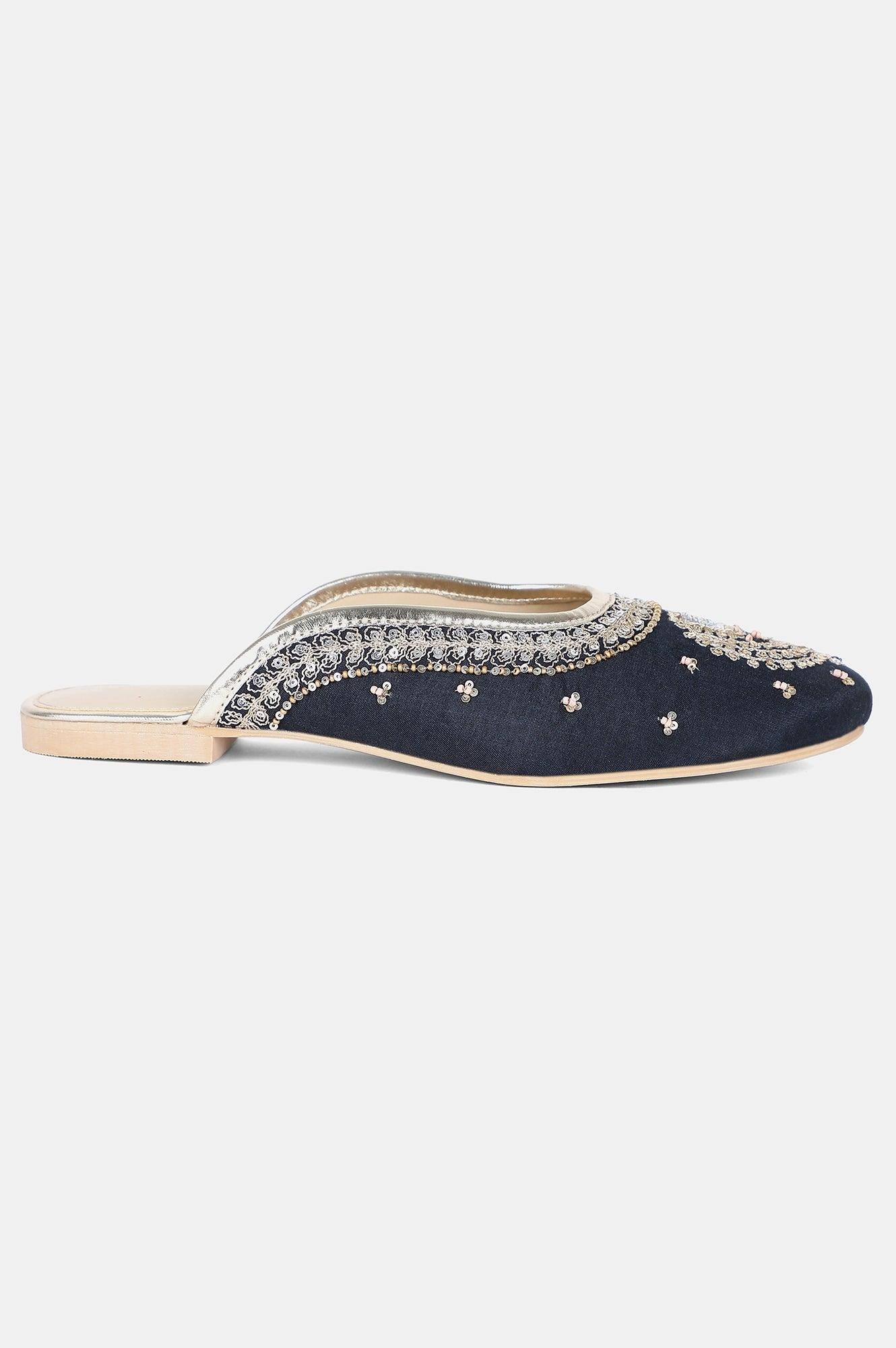 Navy Round Toe Embroidered Flat - Wsusan - wforwoman