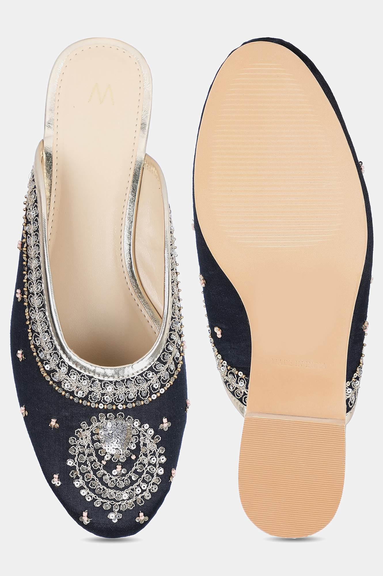 Navy Round Toe Embroidered Flat - Wsusan - wforwoman