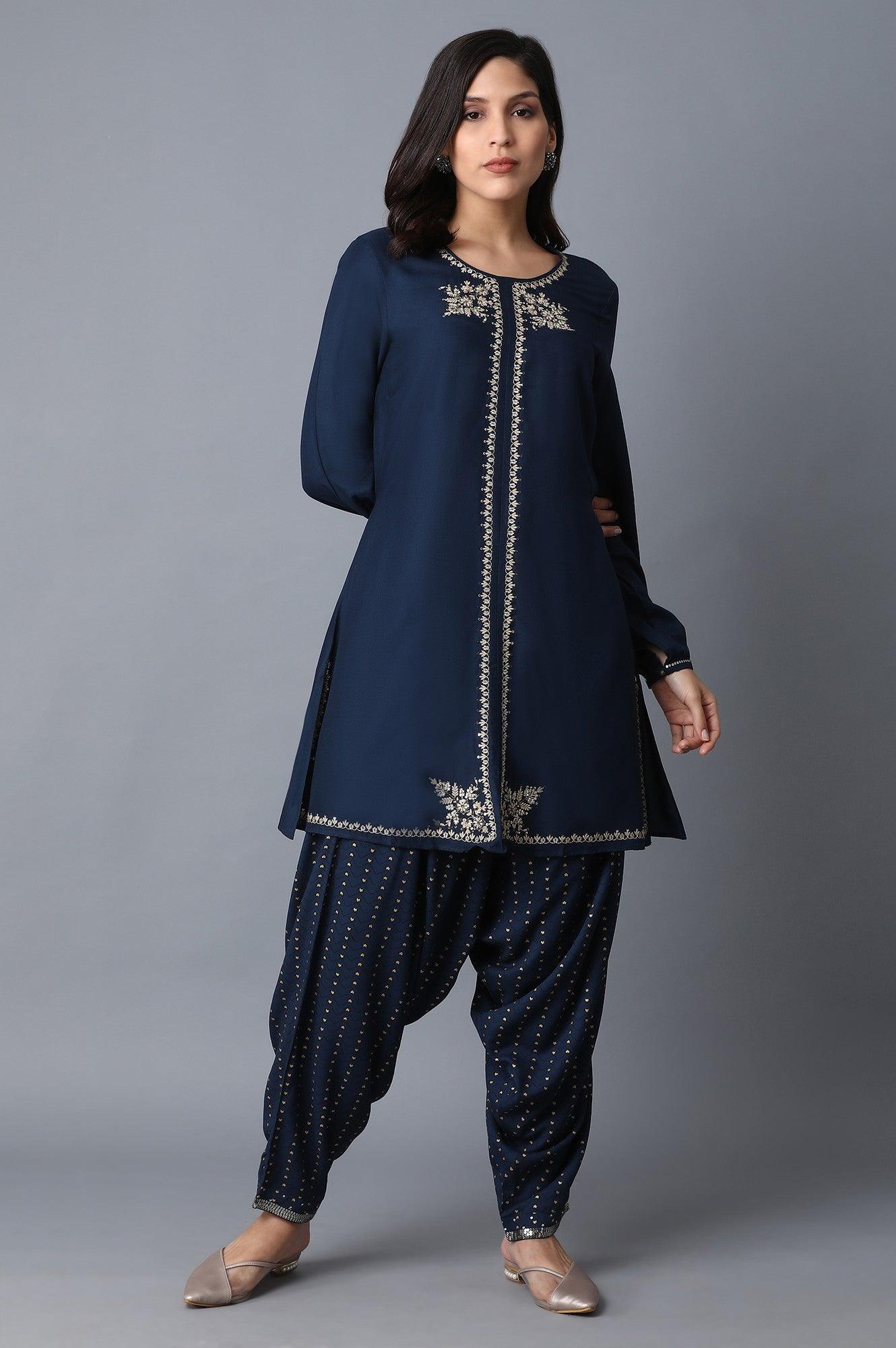 Blue Embellished kurta-Draped Pants Set - wforwoman