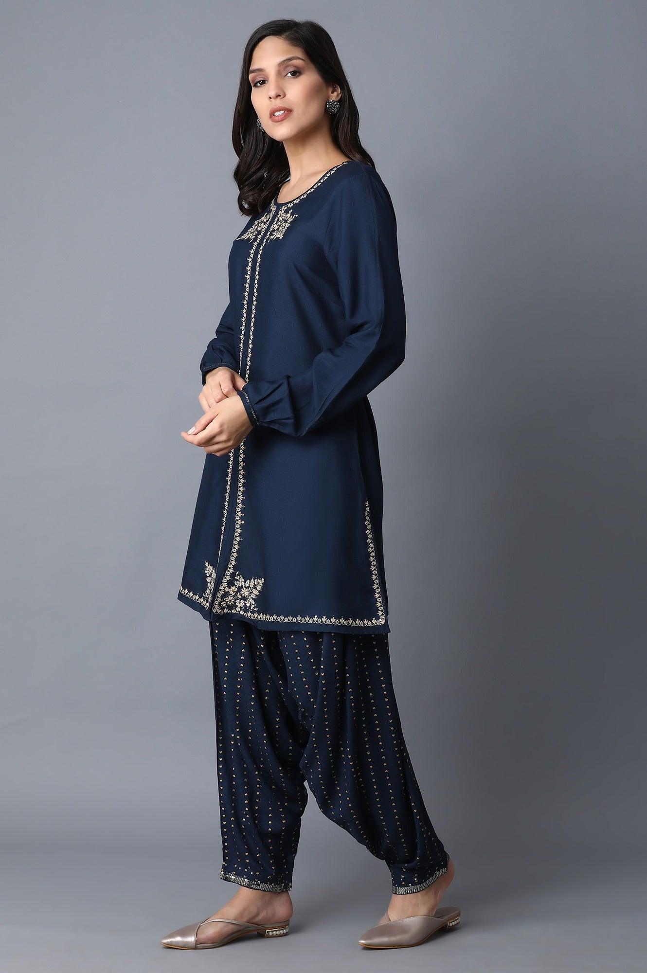 Blue Embellished kurta-Draped Pants Set - wforwoman