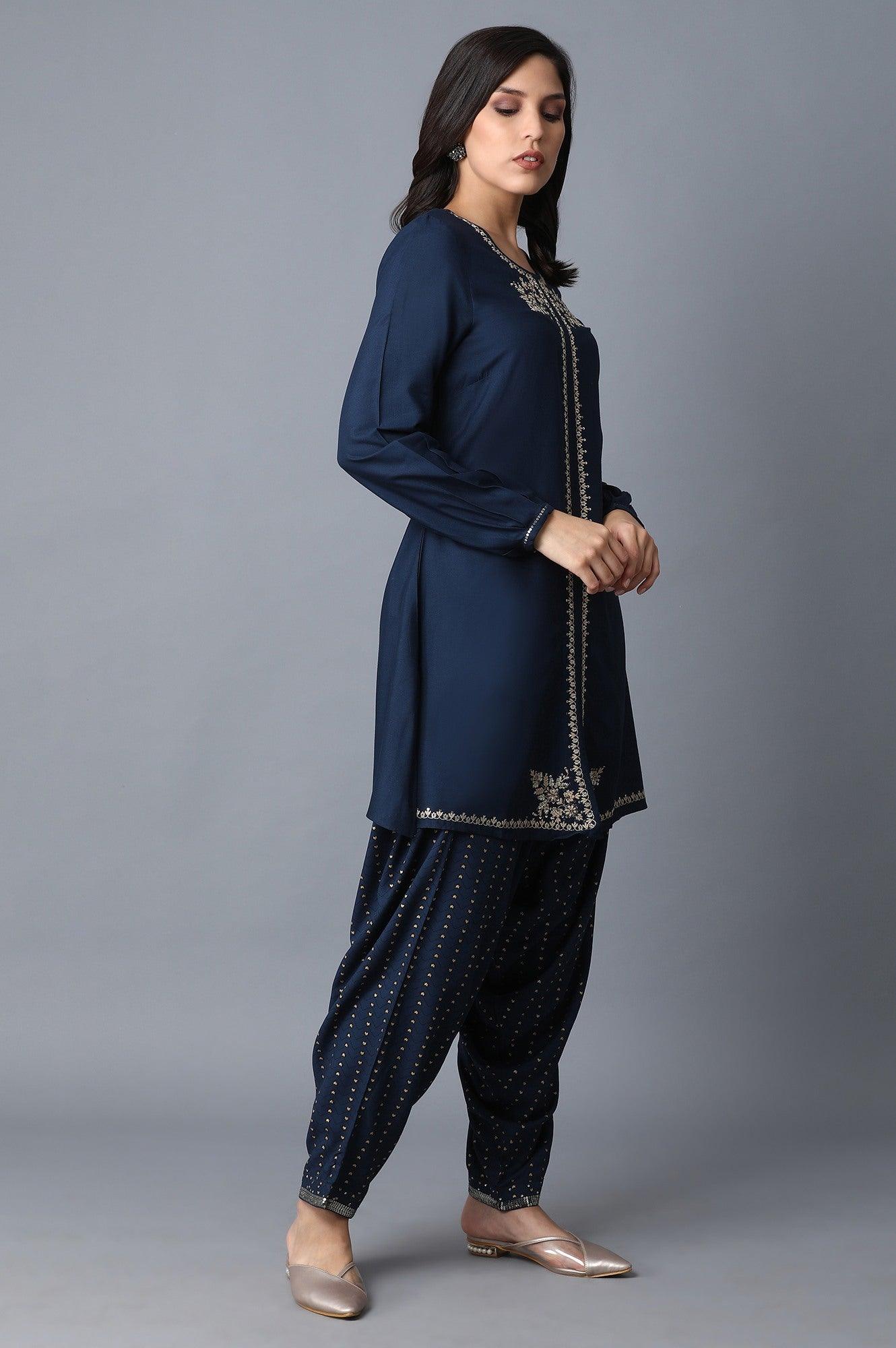 Blue Embellished kurta-Draped Pants Set - wforwoman