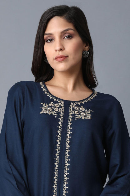 Blue Embellished kurta-Draped Pants Set - wforwoman