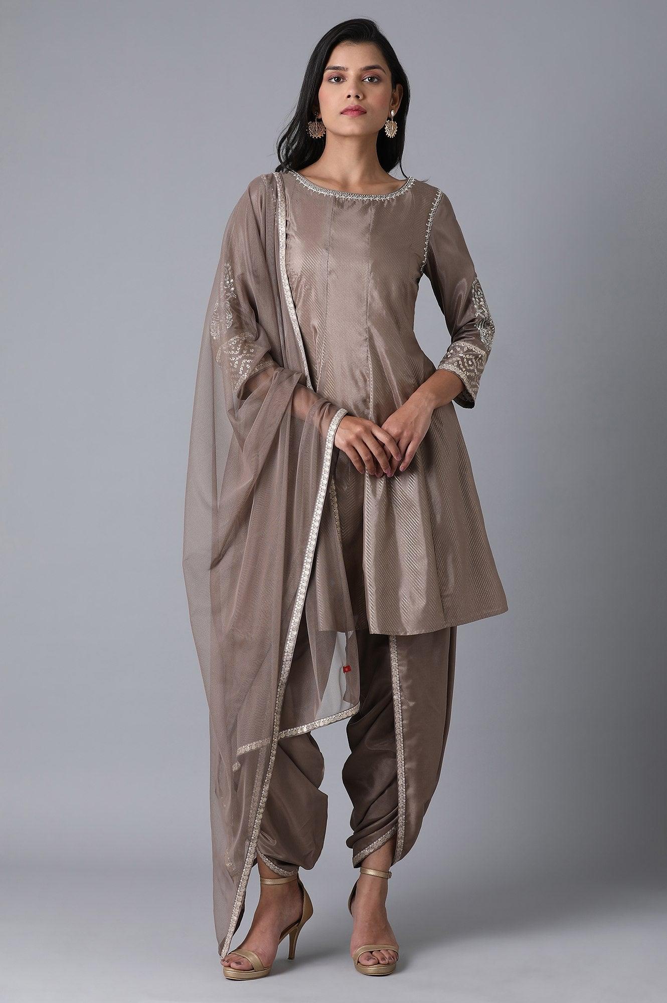 Grey Printed Short kurta-Pants Set - wforwoman