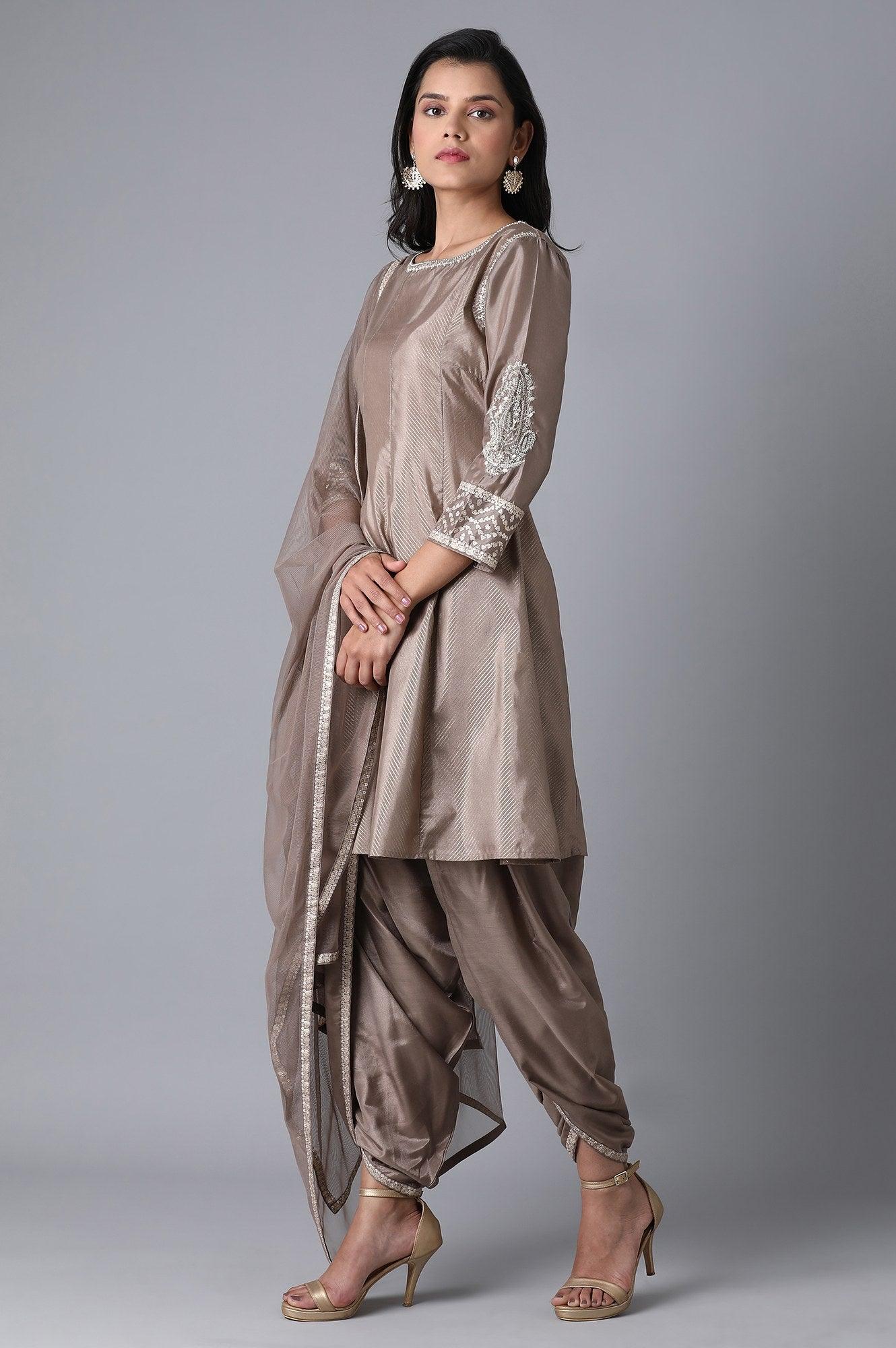 Grey Printed Short kurta-Pants Set - wforwoman