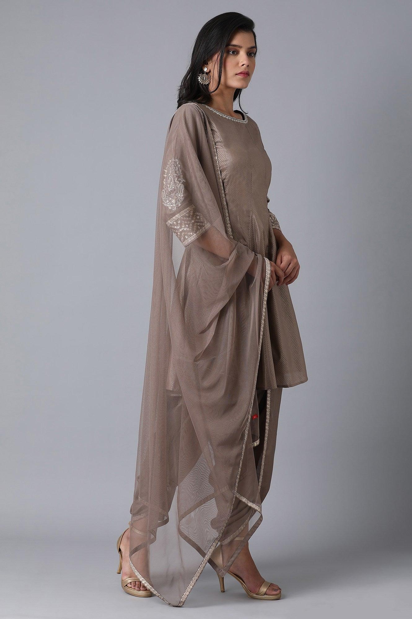 Grey Printed Short kurta-Pants Set - wforwoman