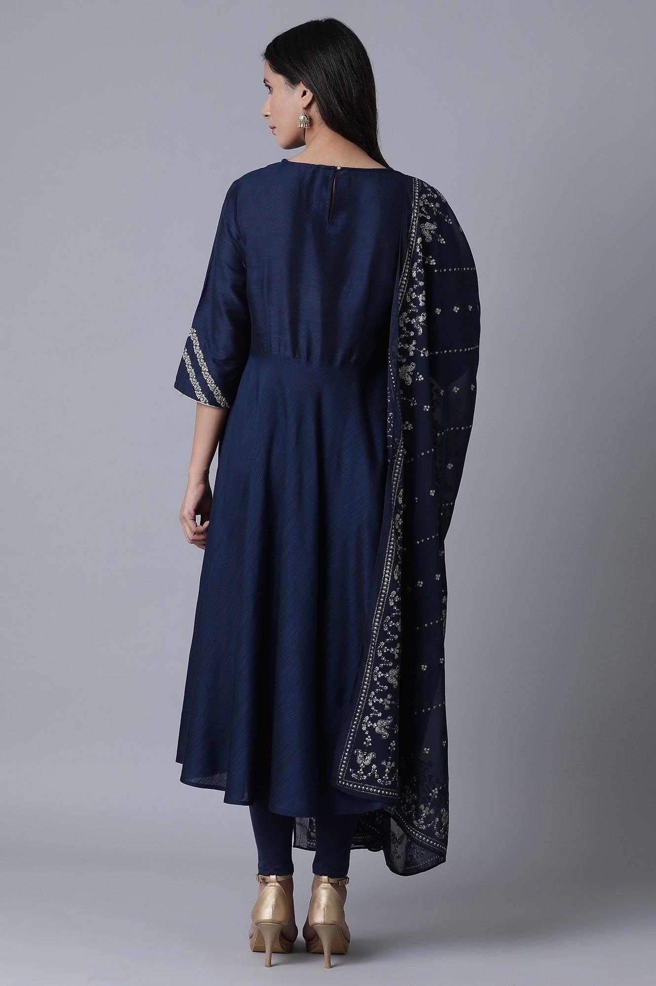 Navy Circular kurta-Tonal Tights-Drape Set - wforwoman