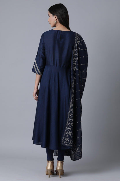 Navy Circular kurta-Tonal Tights-Drape Set - wforwoman