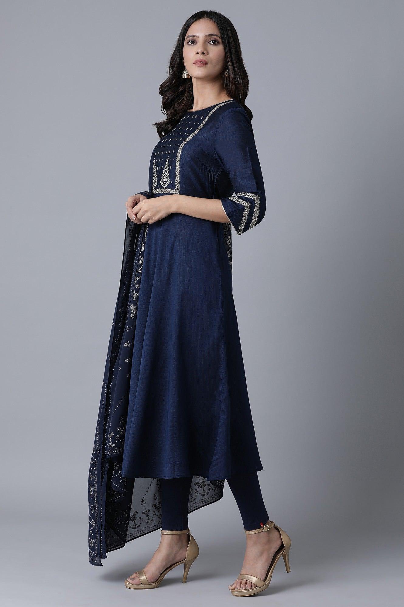 Navy Circular kurta-Tonal Tights-Drape Set - wforwoman