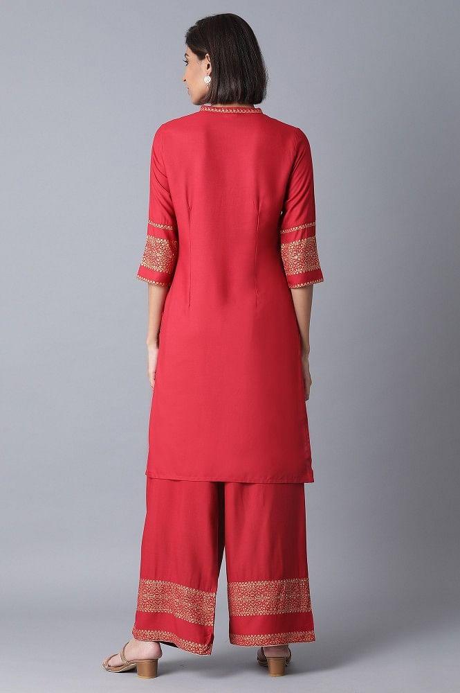 Red Printed kurta-Parallel Pant Set - wforwoman