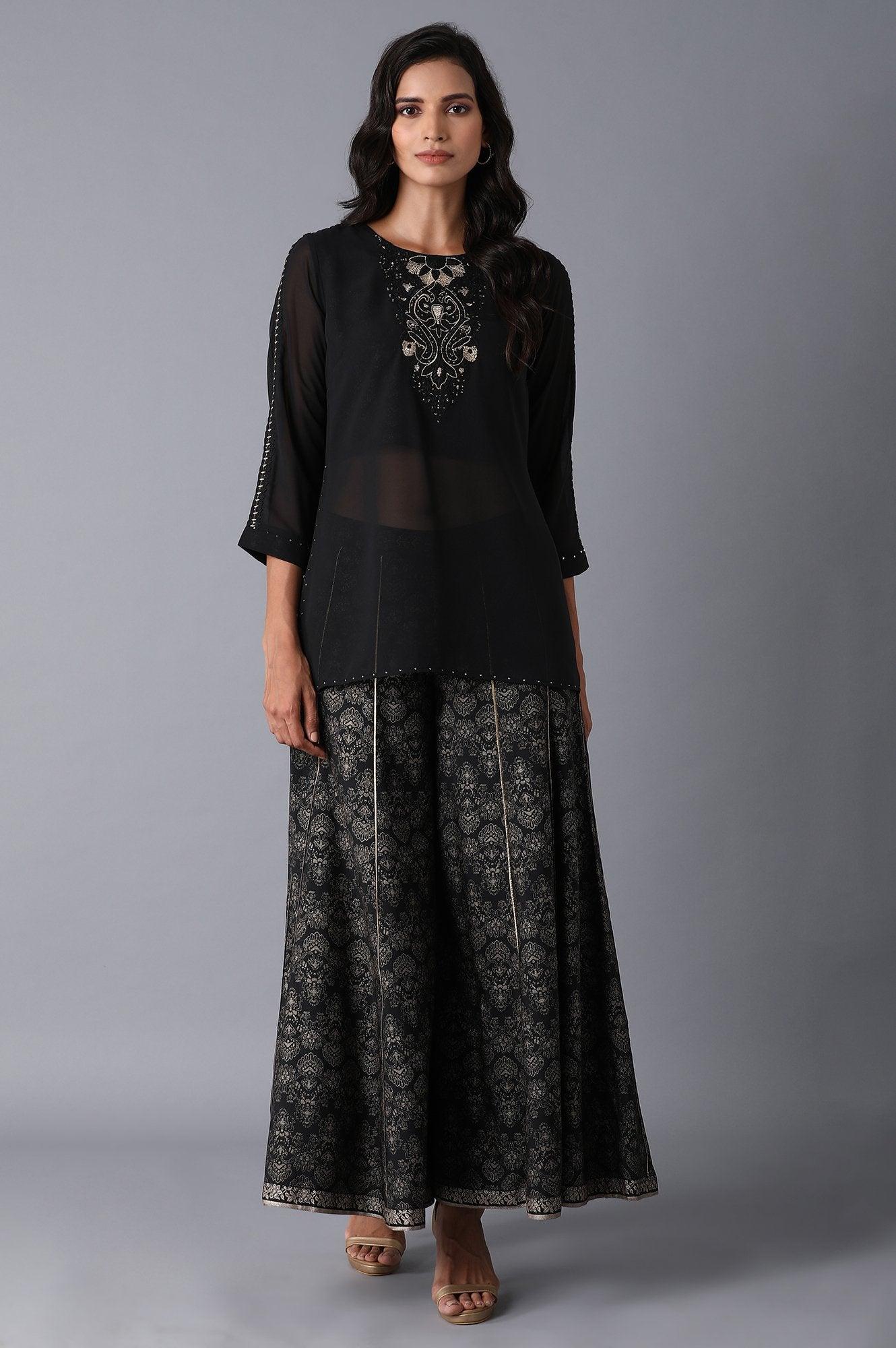 Black Layered kurta-Divided Skirt Set - wforwoman