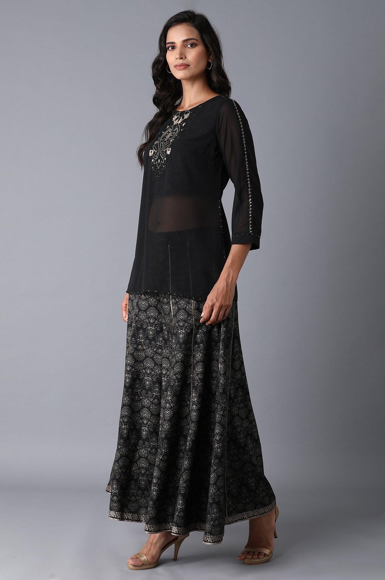 Black Layered kurta-Divided Skirt Set - wforwoman