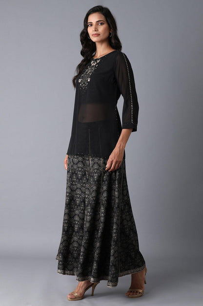 Black Layered kurta-Divided Skirt Set - wforwoman