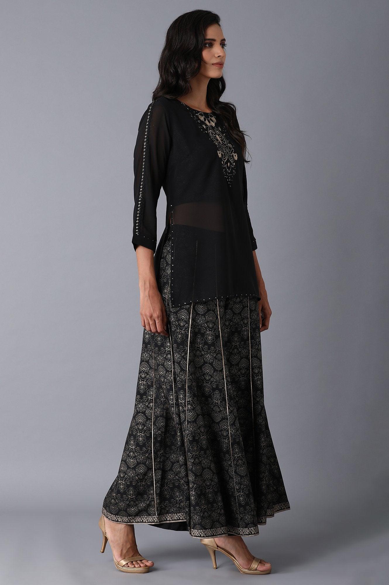 Black Layered kurta-Divided Skirt Set - wforwoman