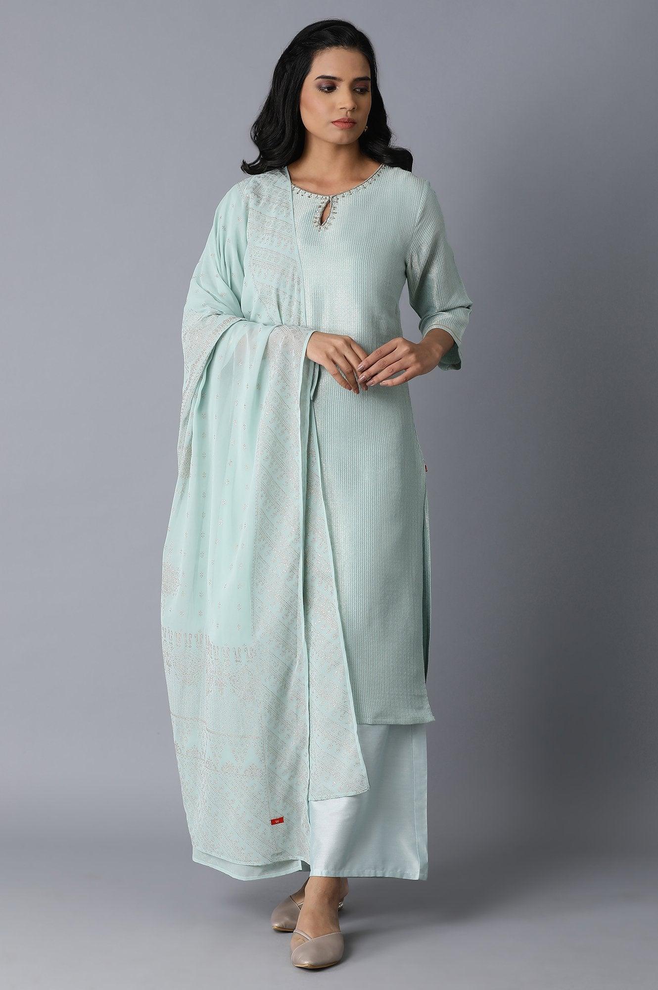 Teal Woven kurta-Parallel Pants-Drape Set - wforwoman