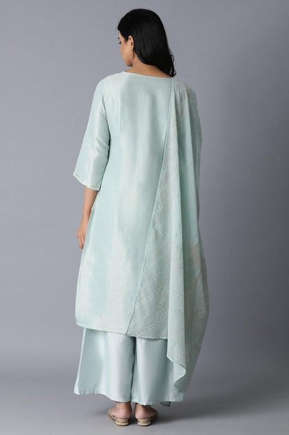 Teal Woven kurta-Parallel Pants-Drape Set - wforwoman