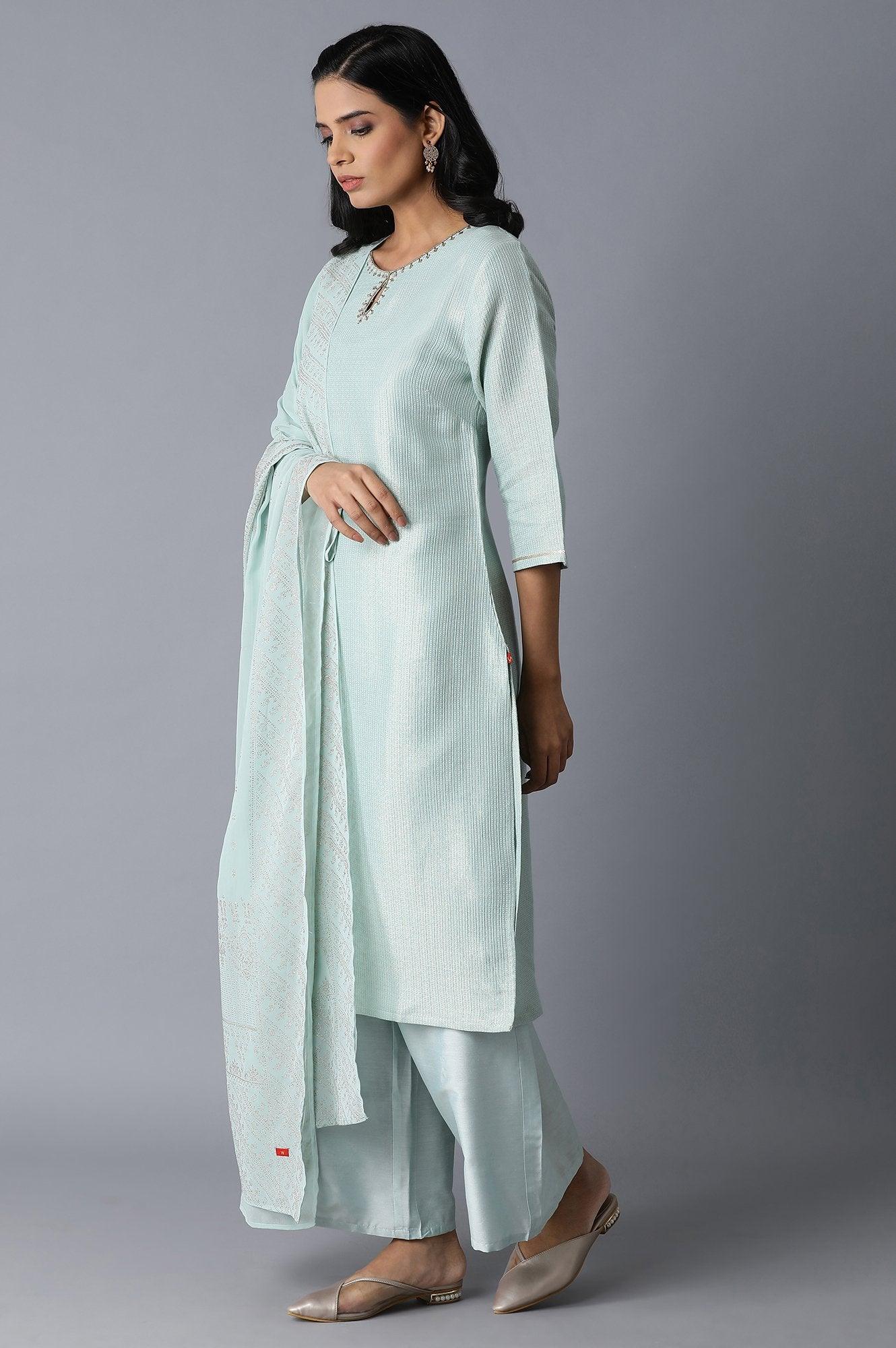 Teal Woven kurta-Parallel Pants-Drape Set - wforwoman