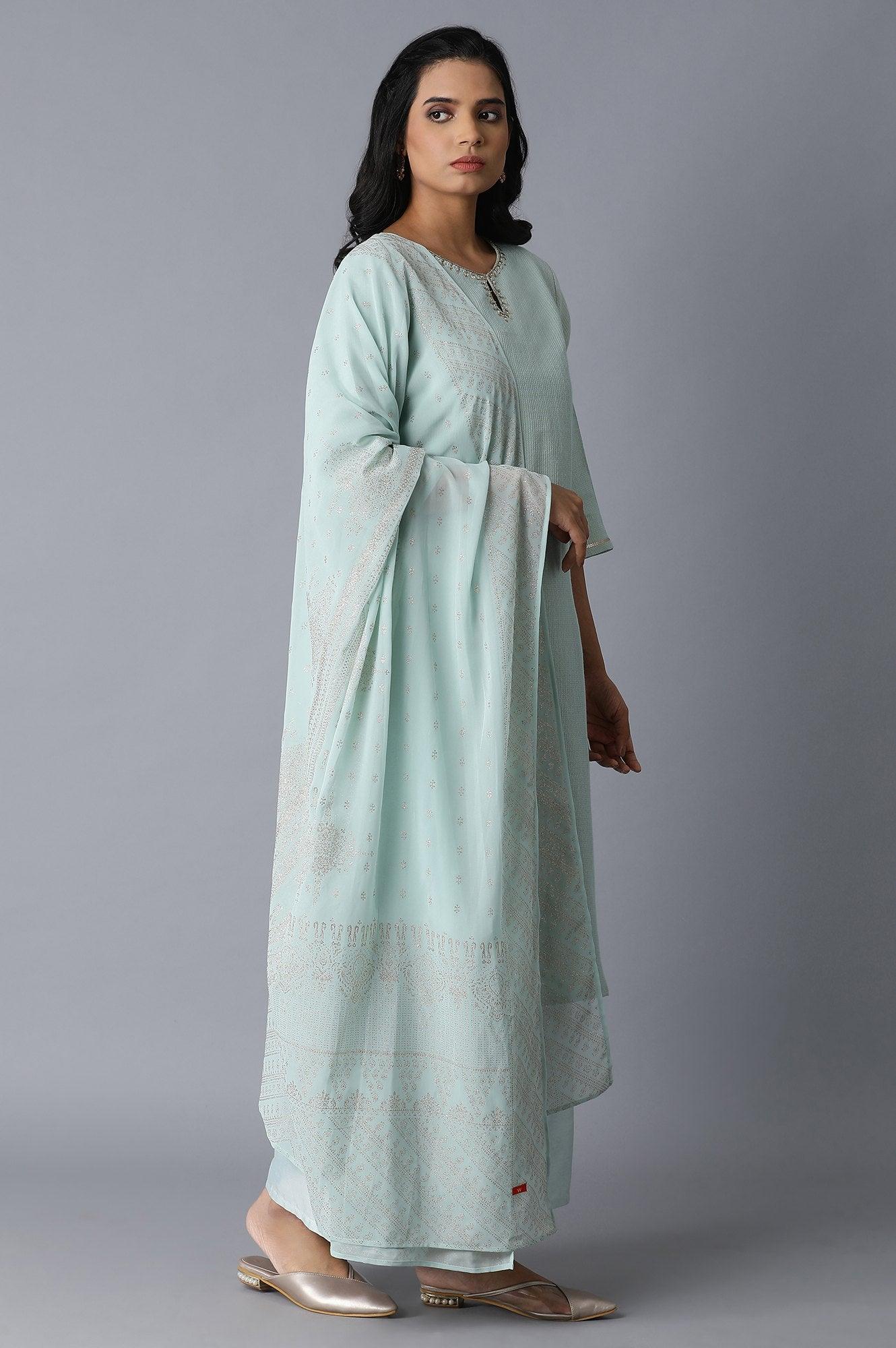 Teal Woven kurta-Parallel Pants-Drape Set - wforwoman