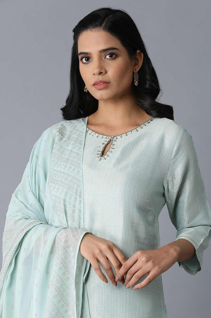 Teal Woven kurta-Parallel Pants-Drape Set - wforwoman