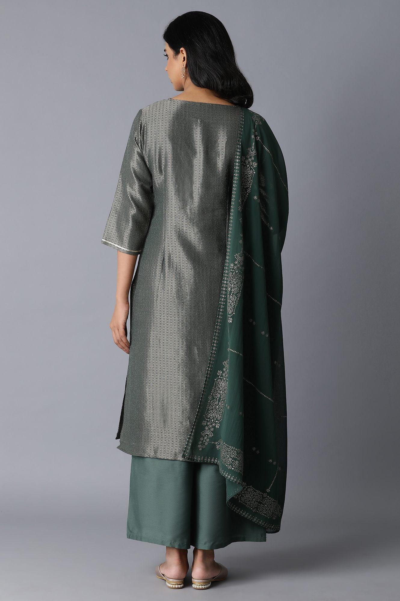 Green kurta-Parallel Pants-Drape Set - wforwoman