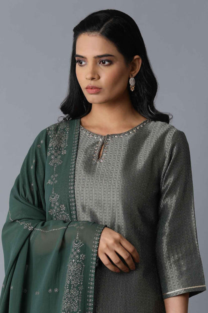 Green kurta-Parallel Pants-Drape Set - wforwoman