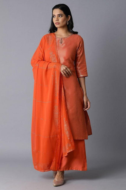 Orange kurta-Parallel Pants-Drape Set - wforwoman