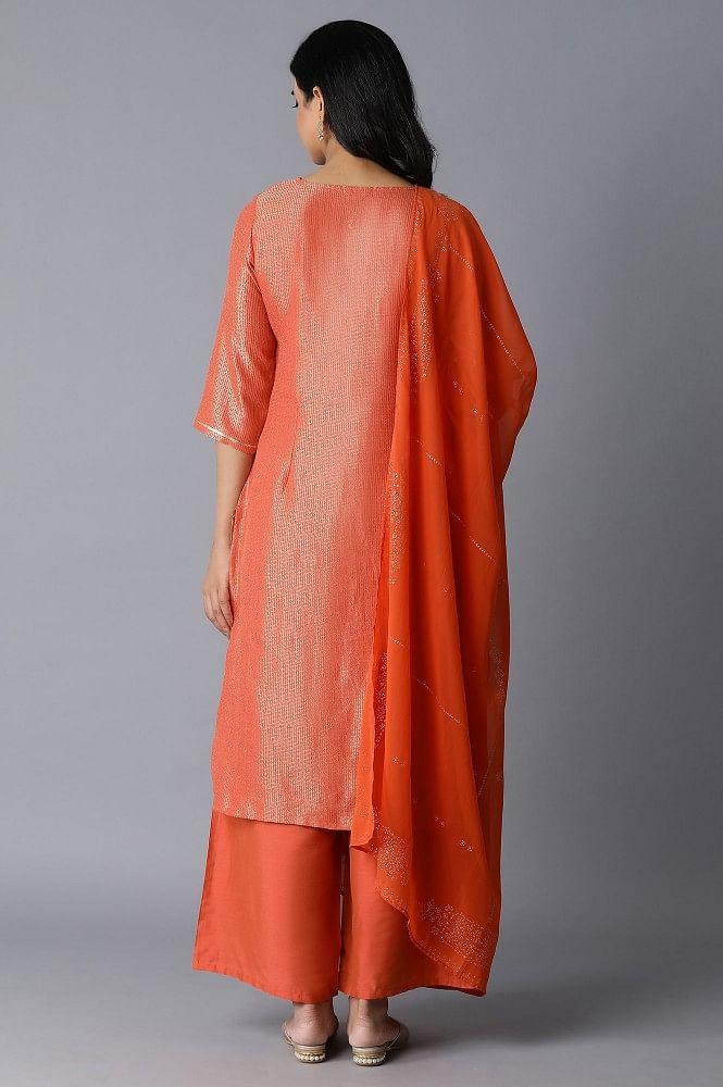 Orange kurta-Parallel Pants-Drape Set - wforwoman