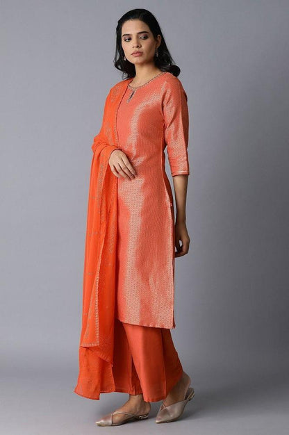 Orange kurta-Parallel Pants-Drape Set - wforwoman